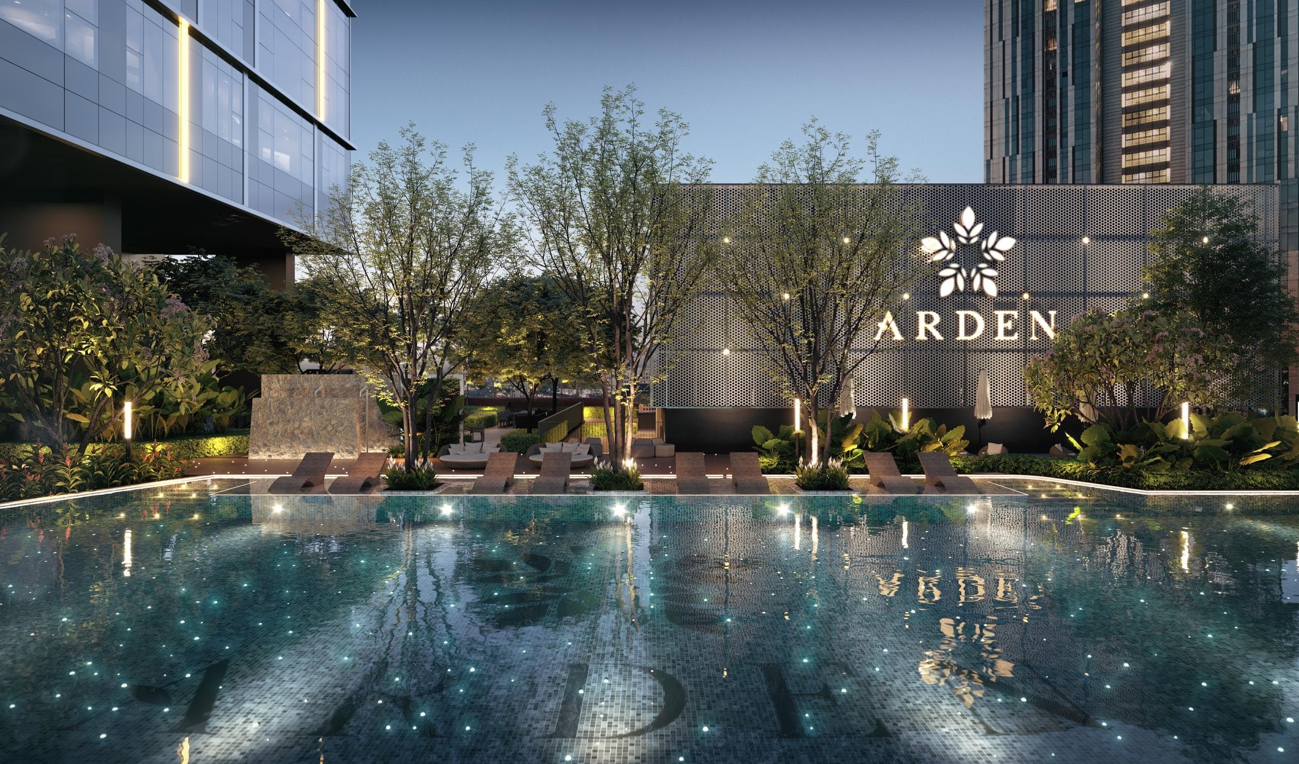 Arden Residences outdoor swimming pool with sun loungers at dusk, Taman Pelangi Johor Bahru