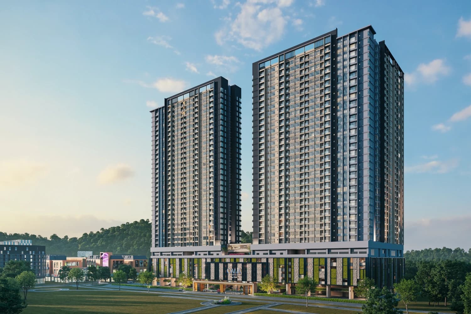Calia Residences by PGB twin tower exterior day view, Johor Bahru CIQ