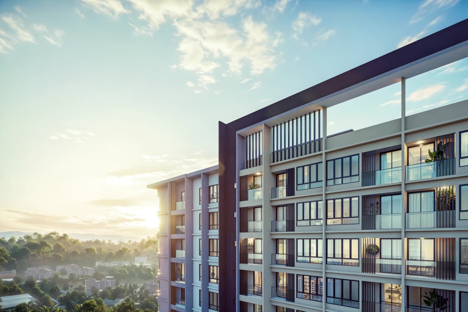 Calia Residences by PGB balcony facade close-up at sunrise, Johor Bahru CIQ