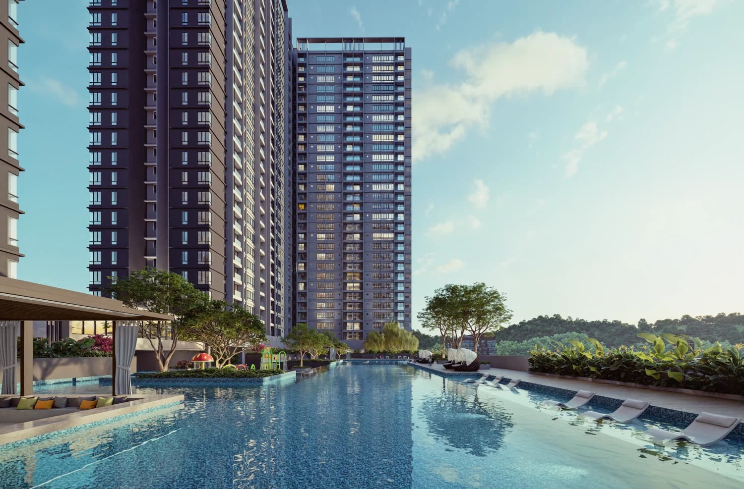 Calia Residences by PGB lap pool with twin towers backdrop, Johor Bahru CIQ
