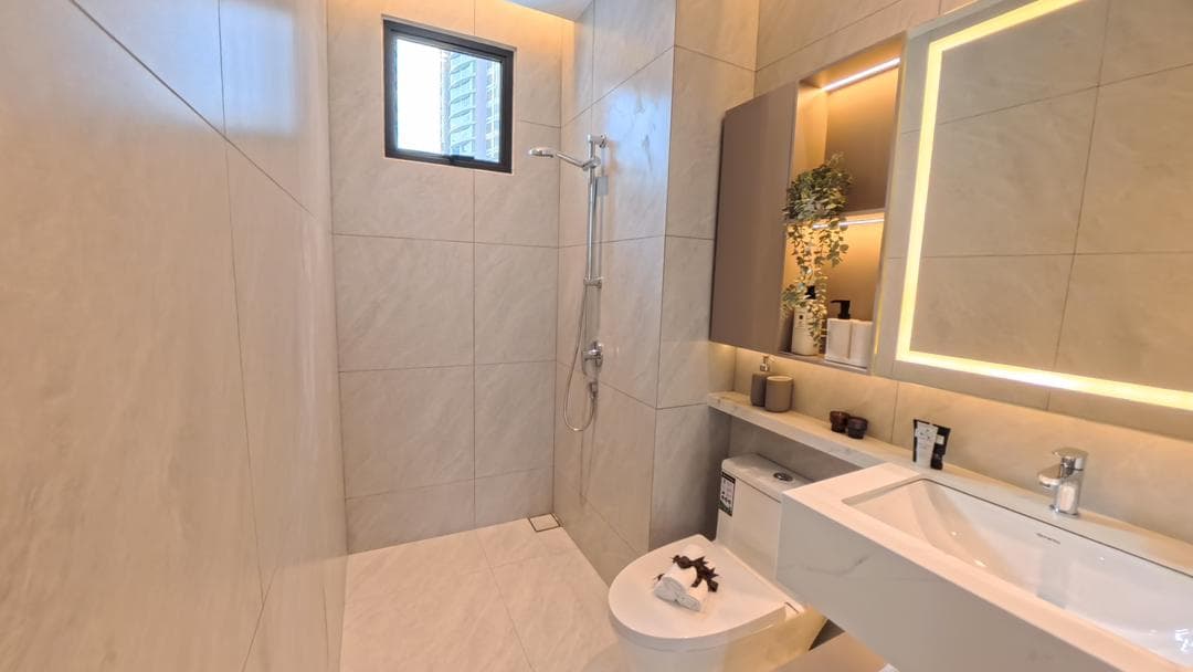 CTC Skyone show unit bathroom with shower and vanity, Johor Bahru CIQ serviced apartment