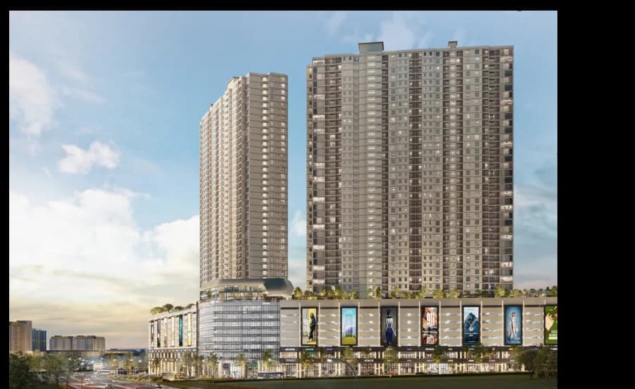KSL Nexus two 47-storey blocks above the retail podium at dusk, artist impression
