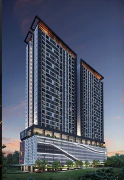 Paragon Signature Suites twin tower facade at dusk, Johor Bahru CIQ serviced apartment by Joland