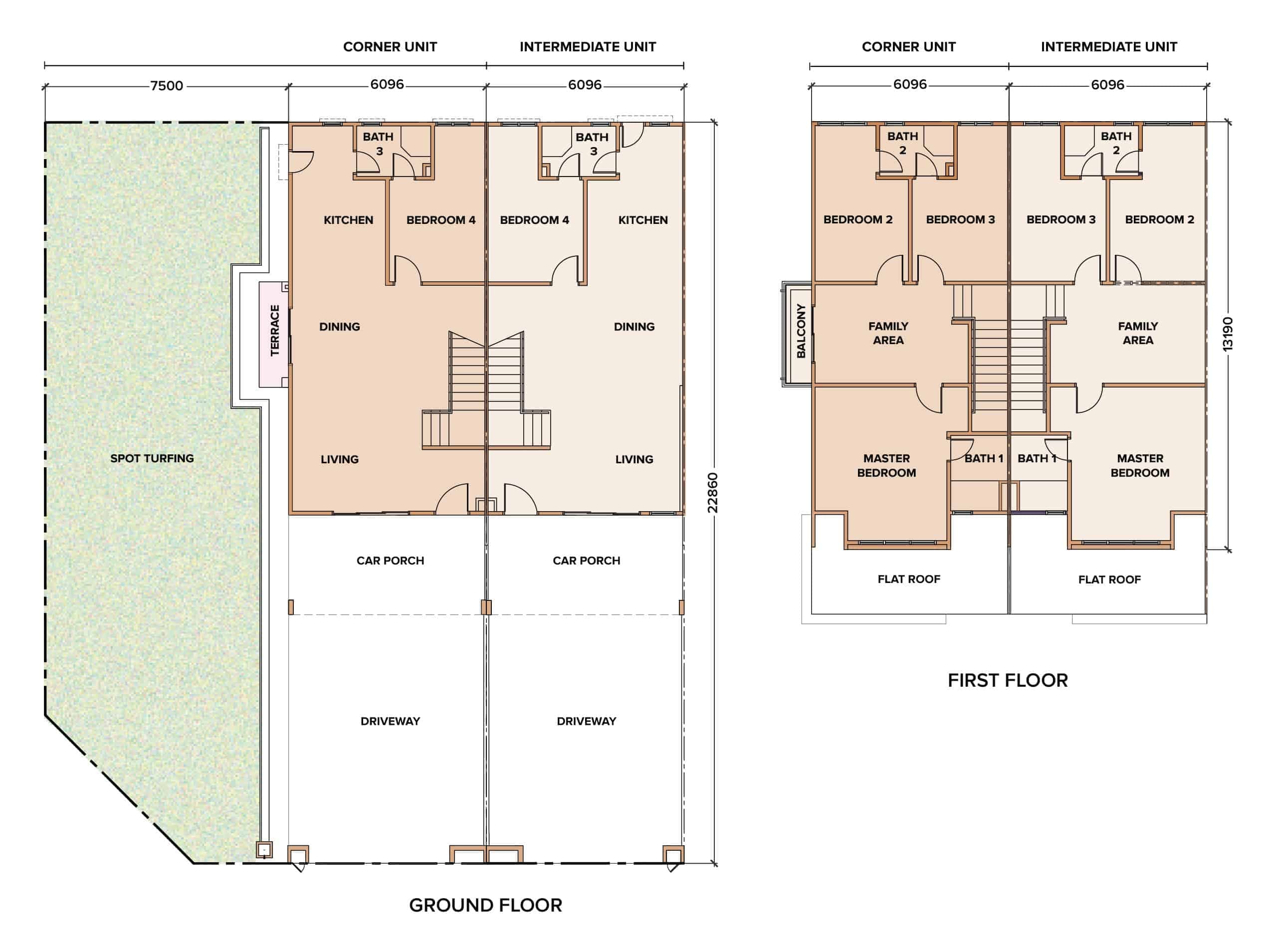 Meridin Jasmine East 3 terrace house ground floor and first floor layout plan, corner and intermediate units, Pasir Gudang Johor