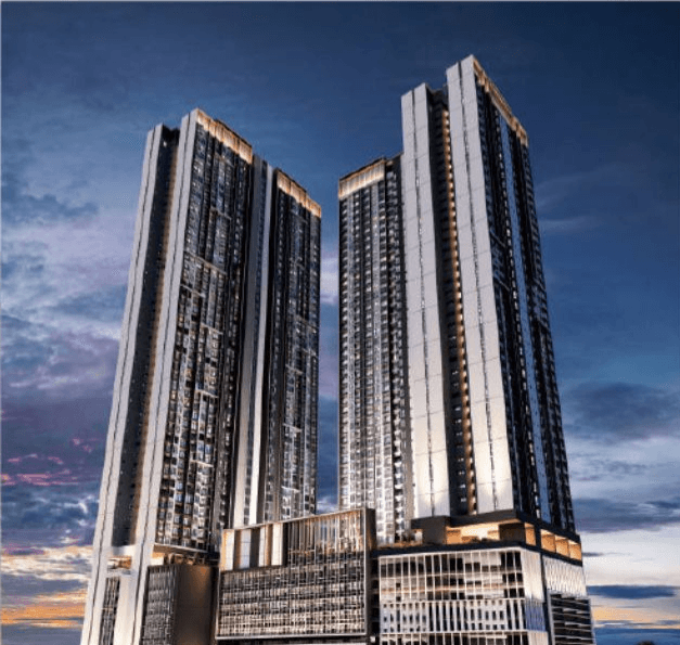 THE Address Serviced Apartment twin towers night render, Johor Bahru CIQ