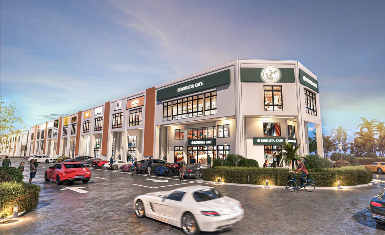 Ascent HUB II Business Park shoplot evening exterior rendering, Iskandar Puteri Johor Bahru