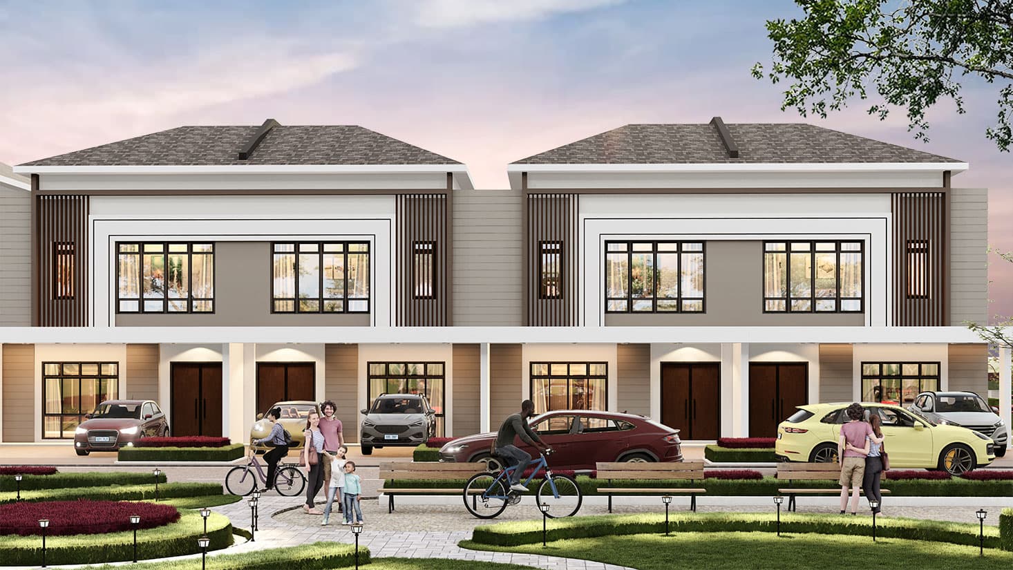 Ascent Park single-storey terrace house facade evening rendering, Iskandar Puteri Johor Bahru