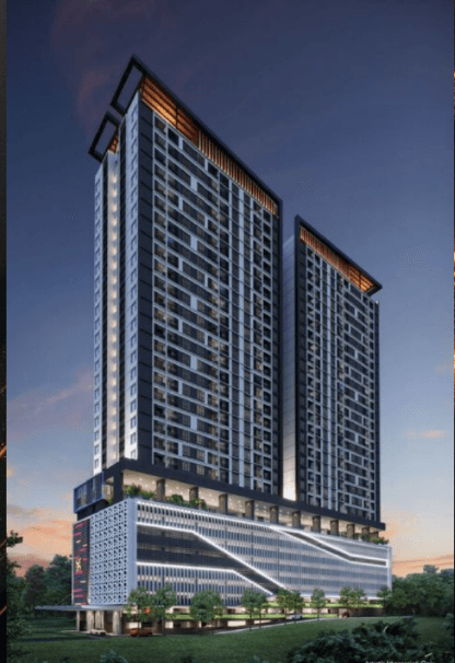 Paragon Signature Suites twin tower facade at dusk, Johor Bahru CIQ serviced apartment by Joland