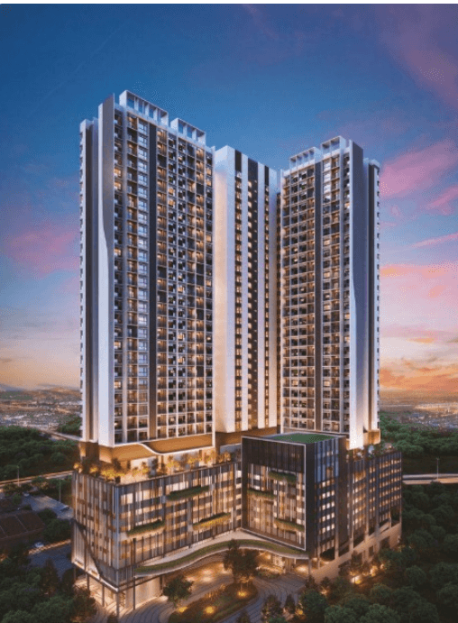 Verte Residences twin tower facade at dusk, Medini Johor Bahru by CJ Invesco
